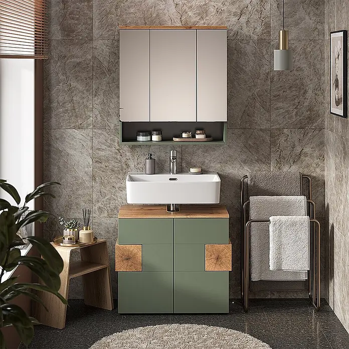 Vicco Badmöbel-Set Eden Grün 2 Teile - Grün, Sonstiges - Moderner Bad-Waschtisch mit grünem Unterschrank, Holzplatte, weißem Waschbecken und hellem Spiegelschrank mit Holzrahmen und grünem Regal.