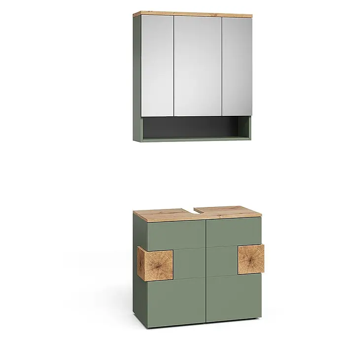 Vicco Badmöbel-Set Eden Grün 2 Teile - Grün, Sonstiges - Salbeigrünes Badmöbel-Set: Spiegelschrank mit Ablage und Waschtischunterschrank mit Holzplatten und Akzenten.