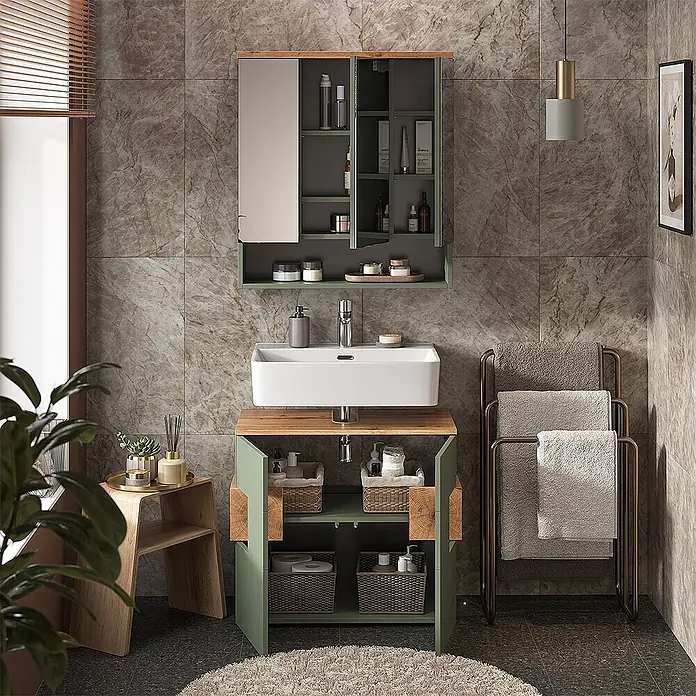 Vicco Badmöbel-Set Eden Grün 2 Teile - Grün, Sonstiges - Grüner und hölzerner Badezimmerschrank mit weißem Waschbecken und passendem Spiegelschrank.