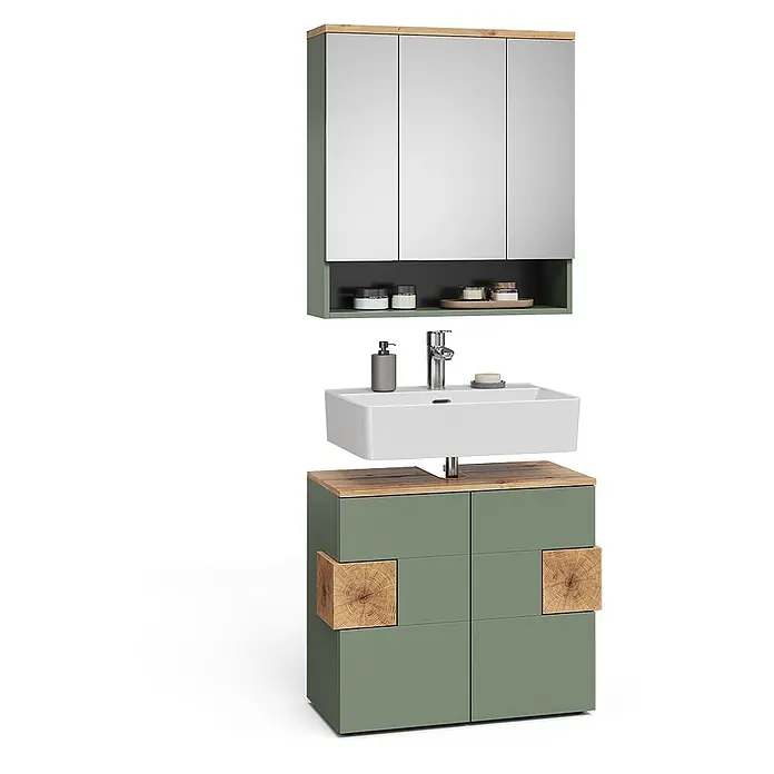 Vicco Badmöbel-Set Eden Grün 2 Teile - Grün, Sonstiges - Salbeigrüner Badunterschrank mit weißem Waschbecken und Holzdetails, darüber ein passender Spiegelschrank mit drei Türen und offenem Fach.