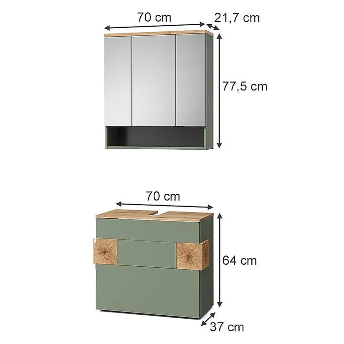 Vicco Badmöbel-Set Eden Grün 2 Teile - Grün, Matt - Salbeigrünes Badmöbel-Set mit Holzdetails: Spiegelschrank und Waschtischunterschrank mit Zierholzblöcken.