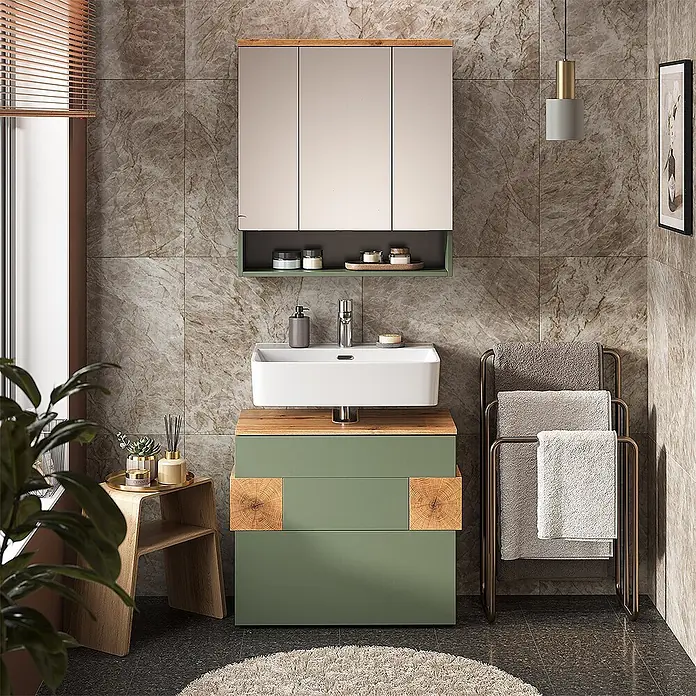 Vicco Badmöbel-Set Eden Grün 2 Teile - Grün, Matt - Moderne grüne Badmöbel mit Holzdetails, weißem Waschbecken und passendem Spiegelschrank in einem Badezimmer.