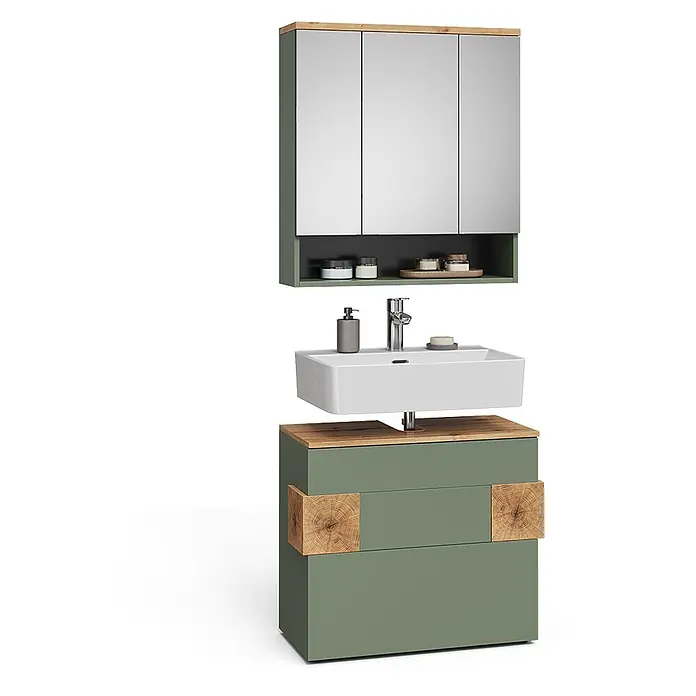 Vicco Badmöbel-Set Eden Grün 2 Teile - Grün, Matt - Grünfarbenes Badmöbel-Set mit Spiegelschrank, weißem Waschbecken und Unterschrank mit Naturholz-Akzenten.