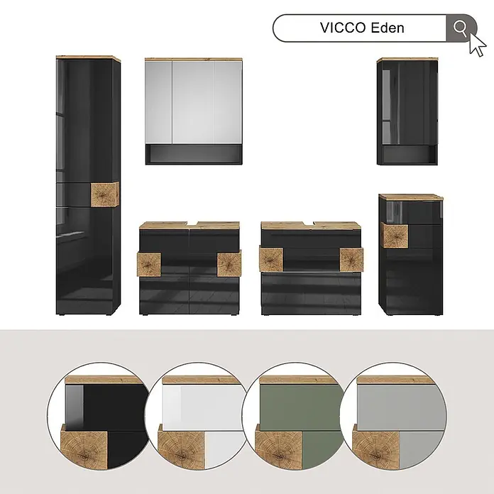 Vicco Badmöbel-Set Eden Grün 2 Teile - Grün, Matt - Moderne modulare Badmöbel: Hochglanzschränke in Schwarz mit Naturholz-Akzenten. Hoch-, Wand- und Waschtischunterschränke gezeigt, mit Farbvarianten.