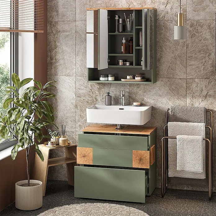 Vicco Badmöbel-Set Eden Grün 2 Teile - Grün, Matt - Moderner grüner Badunterschrank mit Holzdetails, weißem Waschbecken und passendem Spiegelschrank.