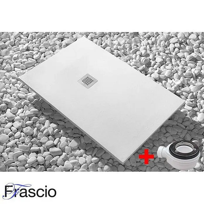 FRASCIO New Tecnology Duschwanne Duschwanne - L x B: 1.100 x 1.200 mm, Verbundwerkstoff, Weiß - Weißes, rechteckiges Duschbecken mit quadratischem Abfluss, zusammen mit einem schwarzen und weißen Siphon.