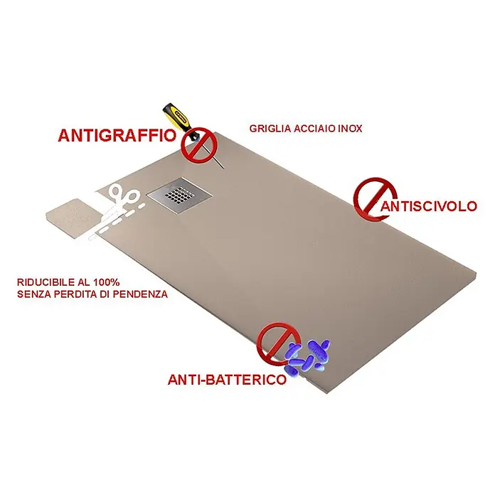 FRASCIO New Tecnology Duschwanne Duschwanne - L x B: 1.100 x 1.200 mm, Verbundwerkstoff, Weiß - Beigefarbene Duschwanne mit Edelstahlablauf, kratzfest, rutschfest, antibakteriell und zuschneidbar.