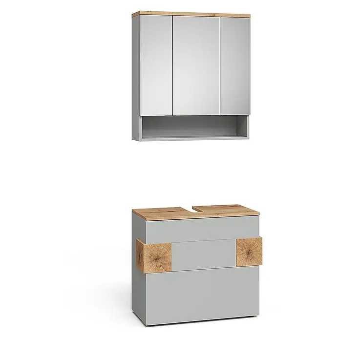 Vicco Badmöbel-Set Eden Grau 2 Teile - Grau, Matt - Hellgrauer Badschrank und Waschtischunterschrank-Set mit Holz-Optik-Platten und Akzenten, der Schrank hat Spiegeltüren.