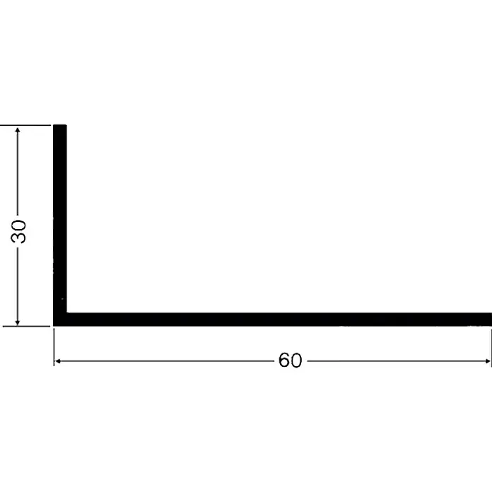 BaukulitVox Basic-Line Winkelleiste - Weiß, 2.500 x 60 x 30 mm - Abbildung eines L-förmigen Metallprofils mit den Maßen 30 und 60, das in der Konstruktion und im Bauwesen für Ecken und Kanten verwendet wird.