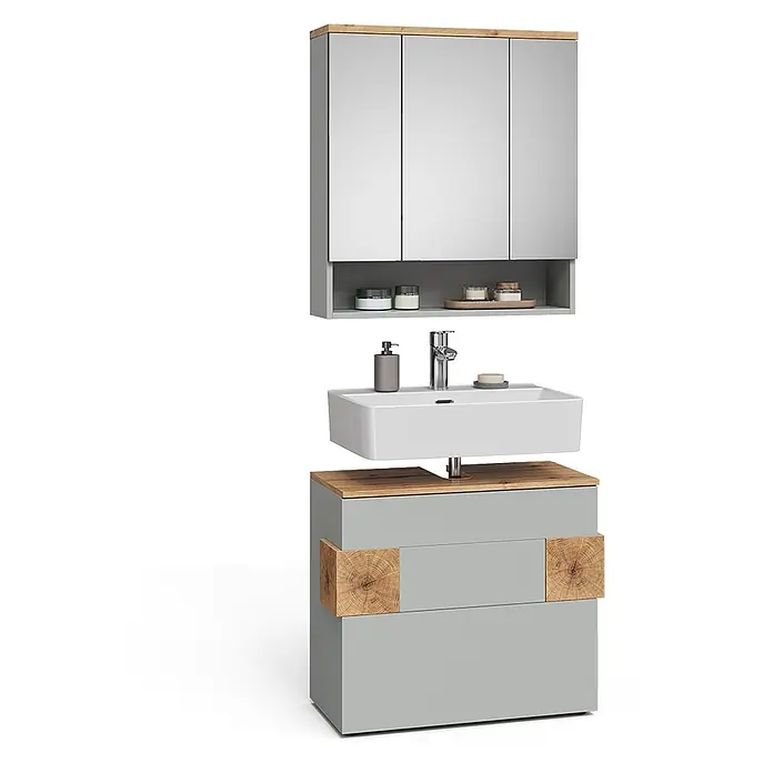 Vicco Badmöbel-Set Eden Grau 2 Teile - Grau, Matt - Hellesgraues Badmöbel-Set mit Spiegelschrank, weißem Waschbecken und Unterschrank mit Naturholz-Akzenten.