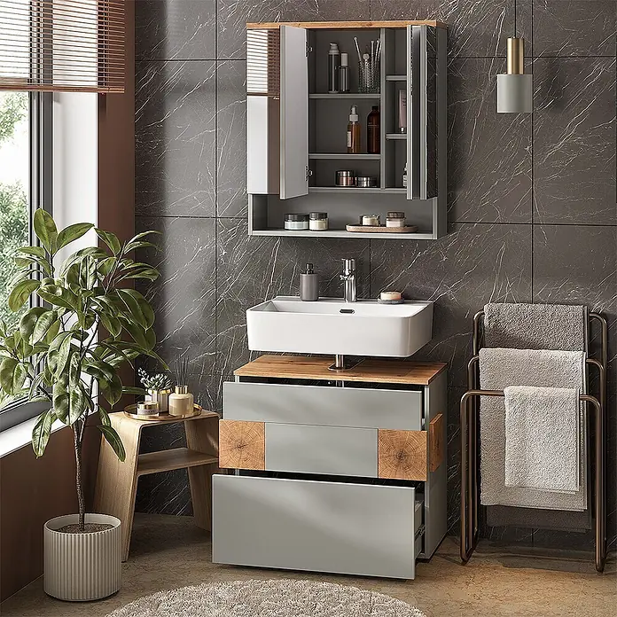 Vicco Badmöbel-Set Eden Grau 2 Teile - Grau, Matt - Modernes graues Badmöbel mit weißem Waschbecken, Holzdetails und passendem Spiegelschrank in einem stilvollen Bad.