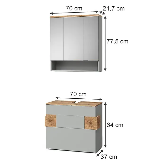Vicco Badmöbel-Set Eden Grau 2 Teile - Grau, Matt - Graues Badezimmermöbel-Set mit Holz-Akzenten: ein Spiegelschrank mit offenem Fach und ein Waschtischunterschrank mit Holzgriffen.