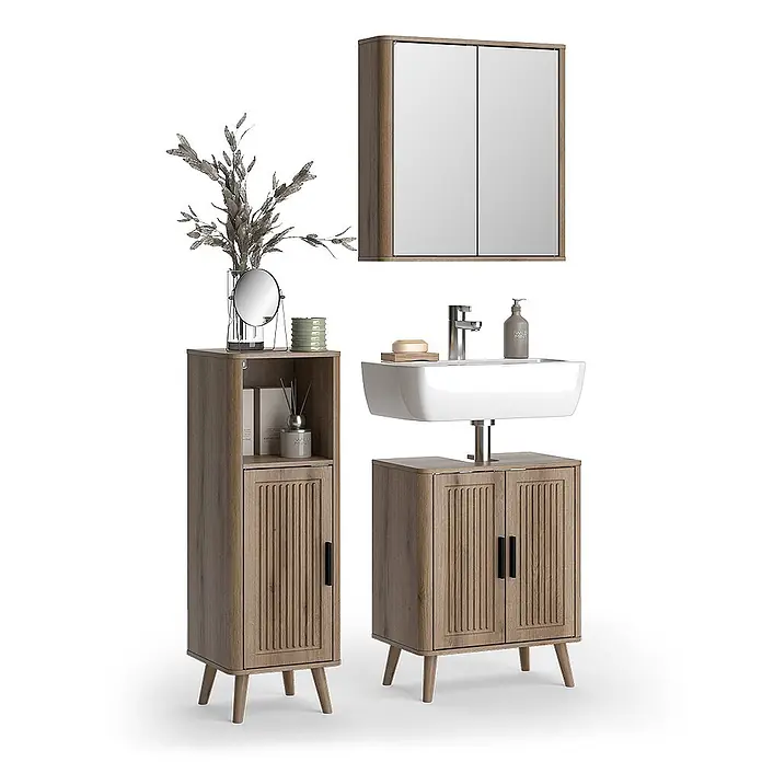 Vicco Badmöbel-Set - Eiche, Matt - Badmöbelset aus hellem Holz mit Hochschrank, Waschtischunterschrank und Spiegelschrank, mit Lamellentüren.