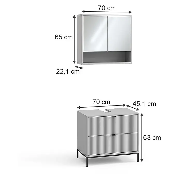 Vicco Badmöbel-Set Eliza Grau 2 Teile - Grau, Matt - Hellgraues Badmöbel-Set: Spiegelschrank mit offenem Fach und gerippter Waschtischunterschrank mit zwei Schubladen.