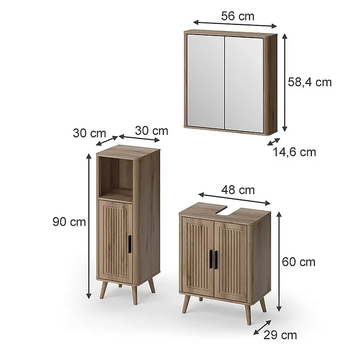 Vicco Badmöbel-Set - Eiche, Matt - Set aus drei hellbraunen Badschränken: Spiegelschrank, Hochschrank und Waschtischunterschrank.