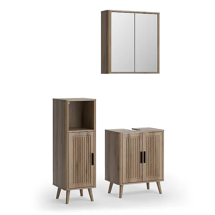 Vicco Badmöbel-Set - Eiche, Matt - Badezimmermöbel-Set aus hellem Holz: Spiegelschrank, Hochschrank und Waschtischunterschrank mit geriffelten Türen.