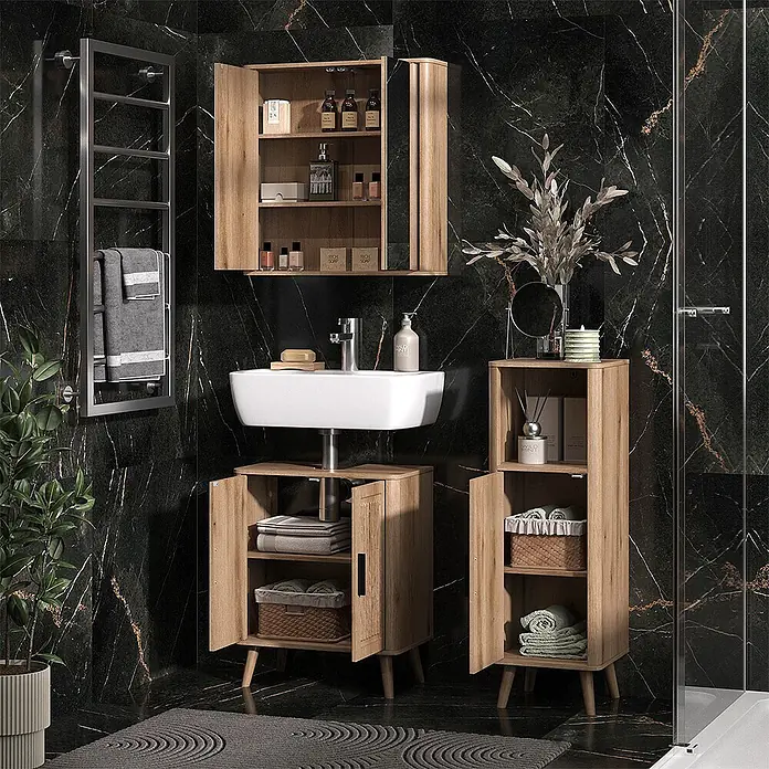 Vicco Badmöbel-Set - Eiche, Matt - Modernes Badezimmermöbelset aus hellem Holz mit Spiegelschrank, Waschtischunterschrank und hohem Stauraumschrank.
