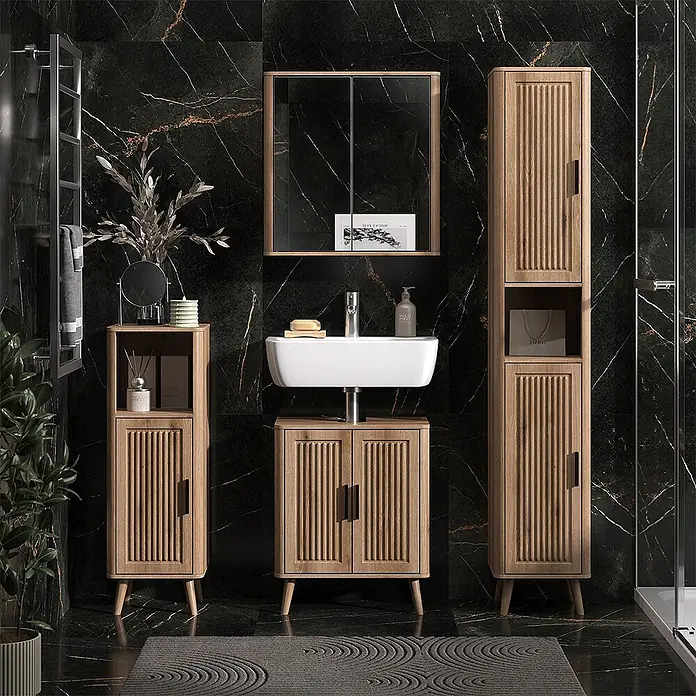 Vicco Badmöbel-Set - Eiche, Matt - Badmöbel-Set aus hellem Holz mit geriffelten Türen: Waschtisch, Spiegelschrank und Hochschränke.