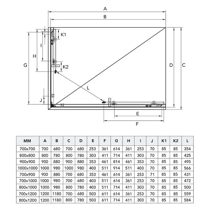 Kiamami Valentina Eckdusche - 700 x 700 x 1.850 cm, Transparent, Stärke: 6 mm - Technische Zeichnung einer Duschkabine mit detaillierten Maßen und einer Tabelle für verschiedene Größen.