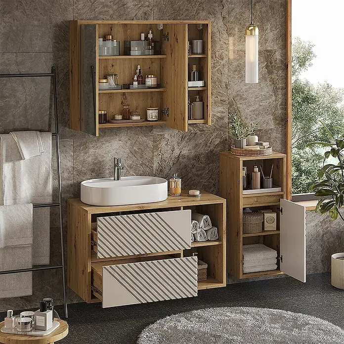 Vicco Badmöbel-Set - Artisan-Eiche, Matt - Hölzernes Badezimmermöbel-Set mit Waschbecken, Wandschrank und hohem Stauraum in einem Badezimmer.