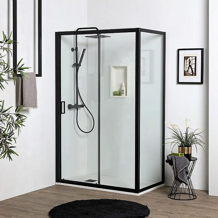 Kiamami Valentina Eckdusche - 140 x 70 x 190 cm, Transparent, Stärke: 6 mm - Moderne Eckduschkabine mit schwarzem Aluminiumrahmen, klaren Glasscheiben und weißer Duschwanne für ein modernes Badezimmer.