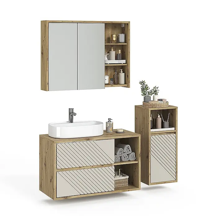 Vicco Badmöbel-Set - Artisan-Eiche, Matt - Badezimmermöbel-Set aus hellem Holzdekor und beigen Fronten mit diagonalen Streifen, inklusive Waschtisch, Spiegelschrank und Beistellschrank.