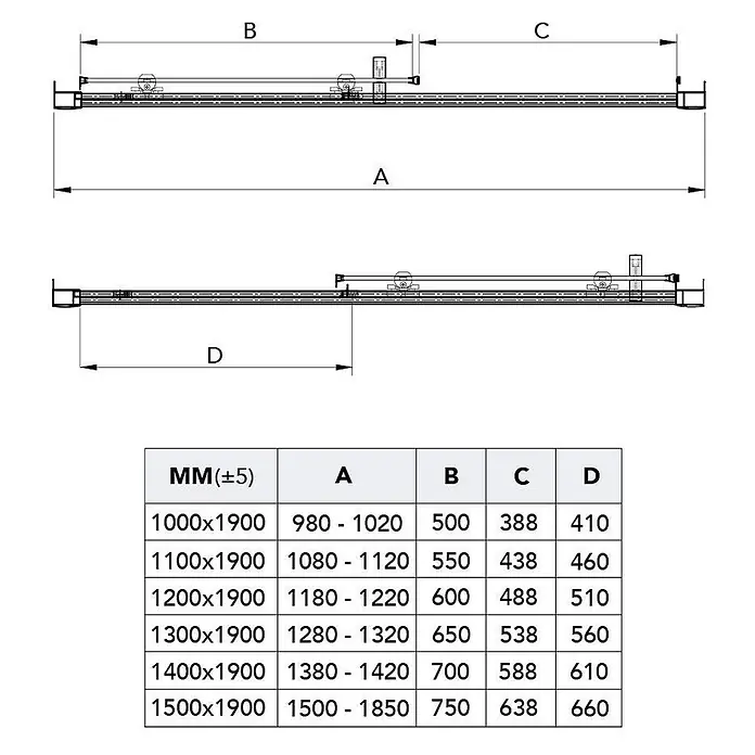 Kiamami Valentina Eckdusche - 140 x 70 x 190 cm, Transparent, Stärke: 6 mm - Technische Zeichnung eines Schiebetürbeschlags mit Bemaßungen und einer Tabelle für verschiedene Türbreiten.