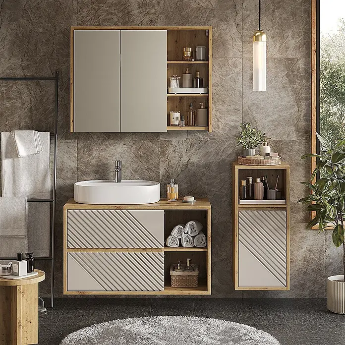 Vicco Badmöbel-Set - Artisan-Eiche, Matt - Modernes Badmöbelset aus hellem Holz mit beigen Strukturelementen, inklusive Waschbecken-, Spiegel- und Seitenschrank.