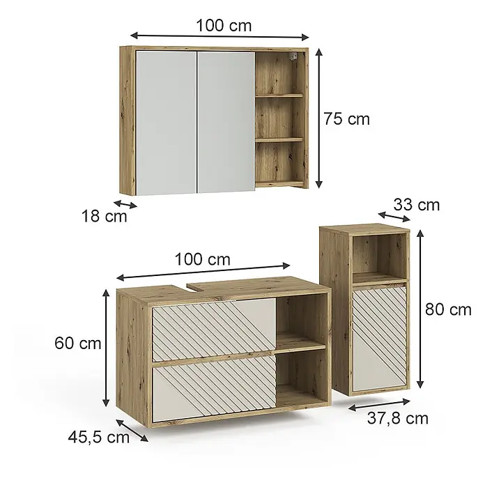Vicco Badmöbel-Set - Artisan-Eiche, Matt - Drei Holzschränke mit hellgrauen und gemusterten Fronten: ein Hängeschrank, ein niedriger TV-Schrank und ein hoher schmaler Schrank.