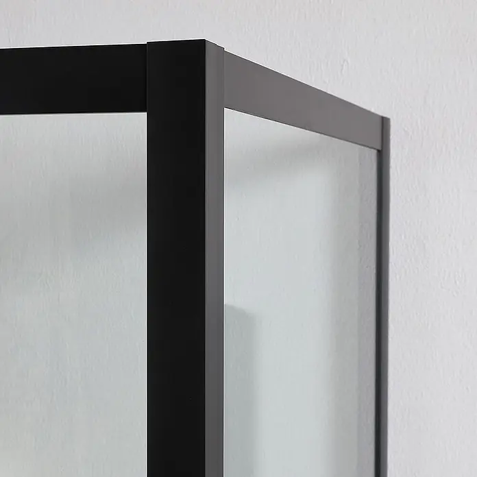 Kiamami Valentina Eckdusche - 140 x 70 x 190 cm, Transparent, Stärke: 6 mm - Schwarz gerahmte Glasscheibe, Eckdetail.