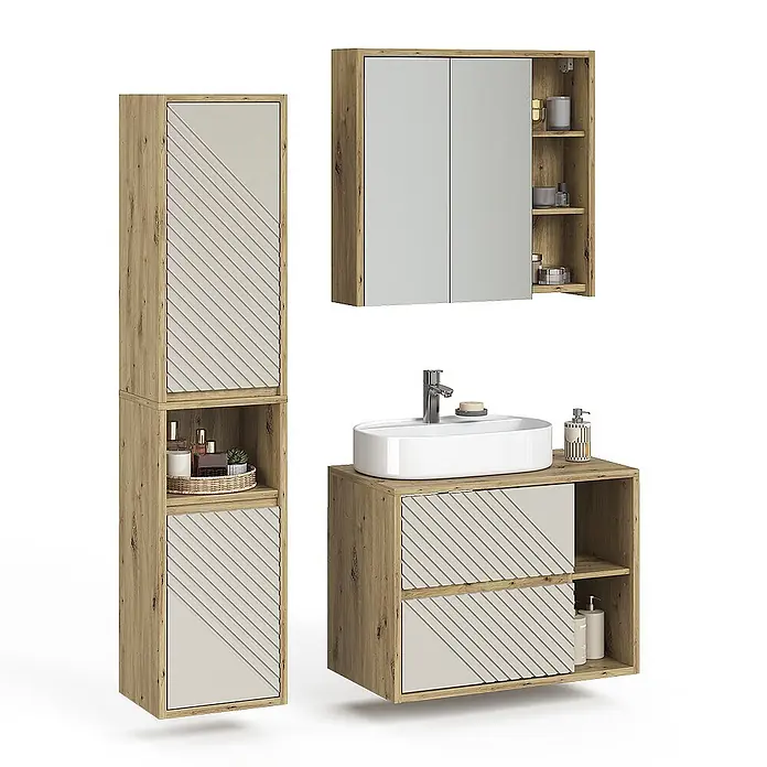 Vicco Badmöbel-Set - Artisan-Eiche, Matt - Badmöbelset in heller Holzoptik mit beigen Streifenpaneelen: Hochschrank, Spiegelschrank und Waschtischunterschrank mit Waschbecken.