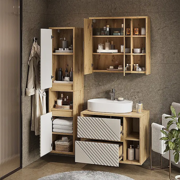 Vicco Badmöbel-Set - Artisan-Eiche, Matt - Modernes Badezimmermöbel-Set aus hellem Holz, mit einem weißen Aufsatzwaschbecken, Schränken und Schubladen mit strukturierten weißen Fronten.