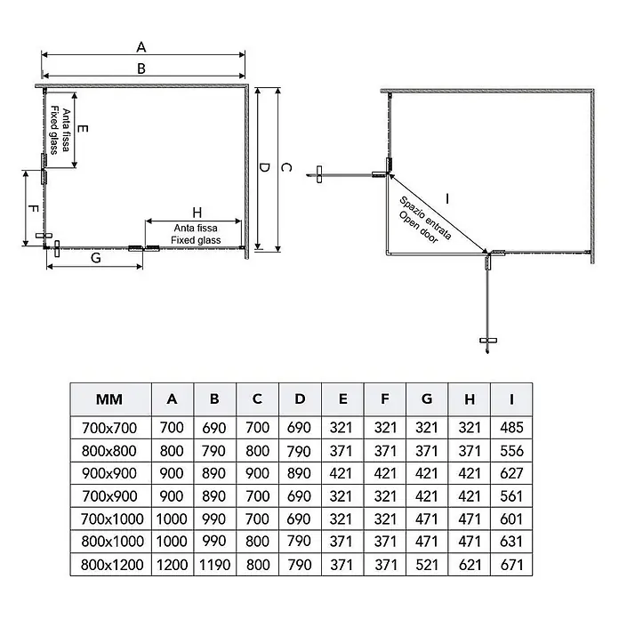 Kiamami Valentina Eckdusche - 70 x 70 x 190 cm, Transparent, Stärke: 6 mm - Technische Zeichnung einer Duschkabine mit festen Glaspaneelen und offenem Türbereich, zeigt Maße A-I und eine Tabelle mit den entsprechenden Abmessungen.
