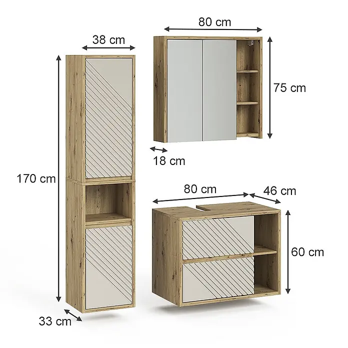 Vicco Badmöbel-Set - Artisan-Eiche, Matt - Badezimmermöbel-Set in heller Holzoptik mit beigen Fronten und Streifenakzenten, bestehend aus Hochschrank, Spiegelschrank und Waschtischunterschrank.