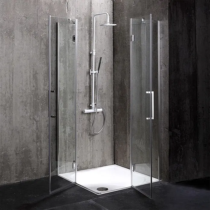 Kiamami Valentina Eckdusche - 70 x 70 x 190 cm, Transparent, Stärke: 6 mm - Eckduschkabine mit Klarglaswänden, weißer Duschwanne und weißer Duschsäule.