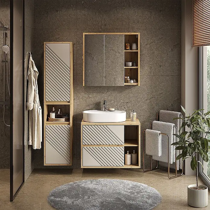 Vicco Badmöbel-Set - Artisan-Eiche, Matt - Modernes Badmöbel-Set mit hellem Holzrahmen und strukturierten Cremepaneelen, inklusive Waschbeckenunterschrank, Hochschrank und Spiegelschrank.