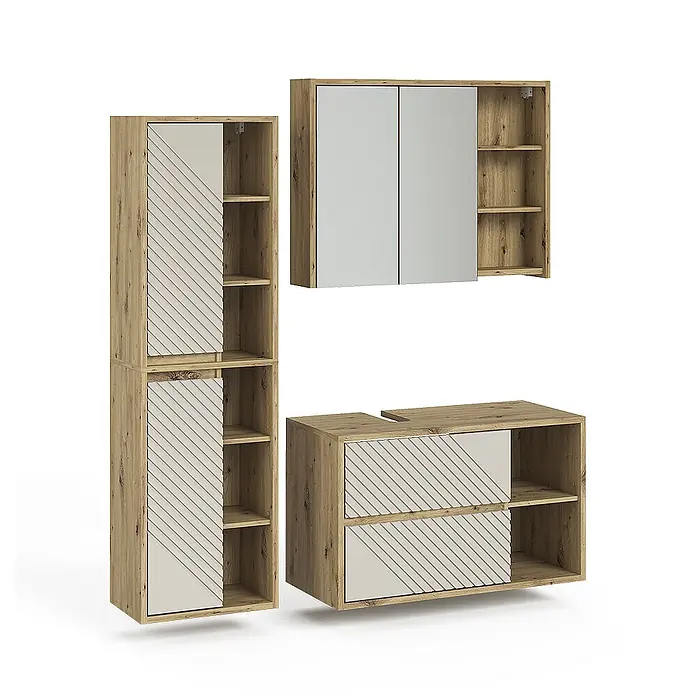 Vicco Badmöbel-Set - Artisan-Eiche, Matt - Set von Badmöbeln aus hellem Holz mit beigen, diagonal gestreiften Fronten, bestehend aus Hochschrank, Spiegelschrank und Waschtischunterschrank.