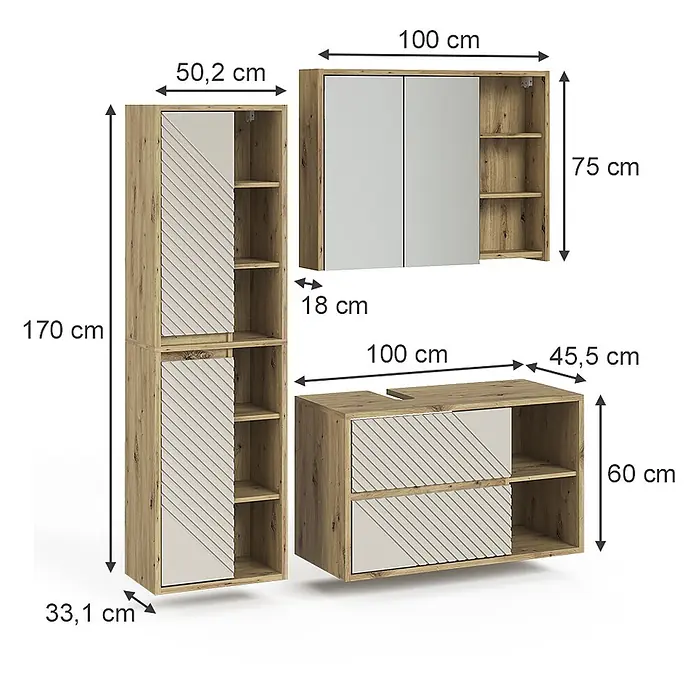 Vicco Badmöbel-Set - Artisan-Eiche, Matt - Badmöbelset in Holzoptik mit hell gemusterten Fronten, bestehend aus Hochschrank, Spiegelschrank und Waschtischunterschrank.