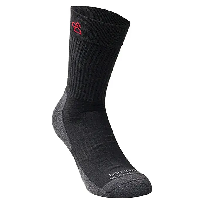 BAUHAUS Socken - Konfektionsgröße: 36, Universal, Anzahl Paare: 2 Stk. - Hier ist eine einzelne schwarze Socke mit rotem Logo. Die Socke scheint aus einem dicken Material gefertigt zu sein, ideal für kälteres Wetter.