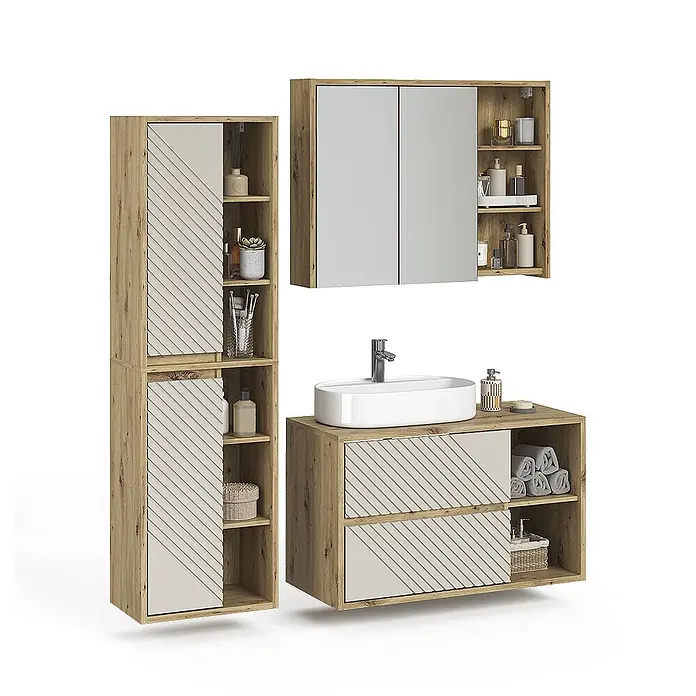 Vicco Badmöbel-Set - Artisan-Eiche, Matt - Modernes Badezimmermöbelset aus hellem Holz und Beige mit diagonalen Streifen, bestehend aus Waschtisch mit Waschbecken, Hochschrank und Spiegelschrank.
