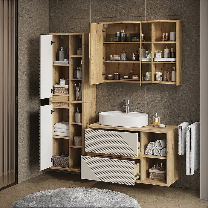 Vicco Badmöbel-Set - Artisan-Eiche, Matt - Hölzerner Badezimmer-Waschtisch mit weißem Waschbecken, gerippten Schubladen und passenden Stauraumschränken in einem modernen Bad.