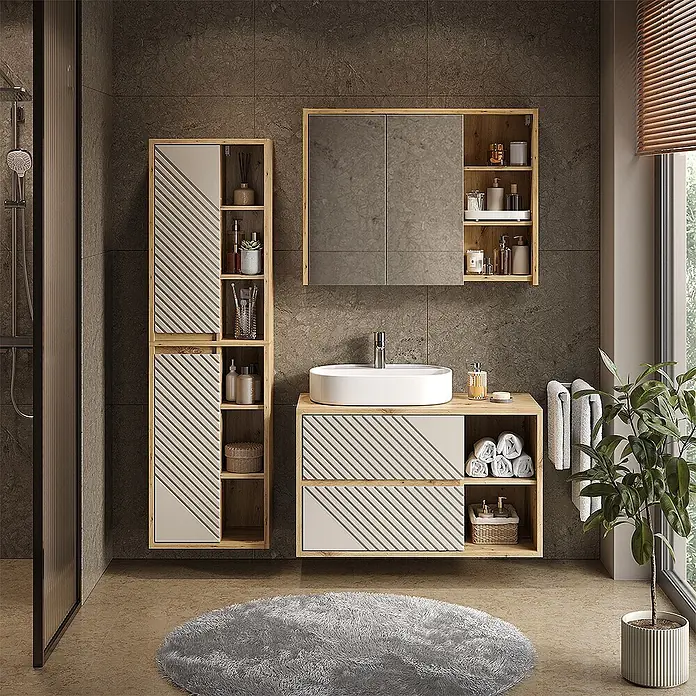 Vicco Badmöbel-Set - Artisan-Eiche, Matt - Modernes Badmöbelset: helles Holz, beige Paneele, weißes Waschbecken, dunkelgrauer Spiegelschrank, offene Regale und Schubladen.