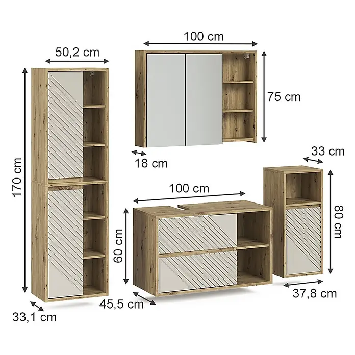 Vicco Badmöbel-Set - Artisan-Eiche, Matt - Modulares Holzoptik- und hellbeiges Aufbewahrungssystem mit gemusterten Türen, bestehend aus hohen Regalen, Wandschrank und Unterschränken.