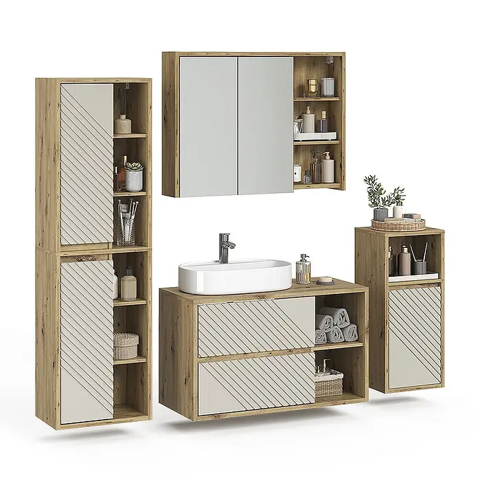 Vicco Badmöbel-Set - Artisan-Eiche, Matt - Modernes Badezimmermöbel-Set aus hellem Holz und Beige, mit Waschtisch, Spiegelschrank und Stauraumschränken mit gestreiften Fronten.