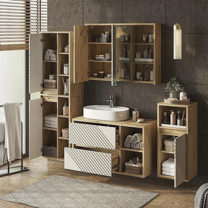 Vicco Badmöbel-Set - Artisan-Eiche, Matt - Modernes Badmöbelset aus hellem Holz mit weißem Waschbecken, gestreiften Schubladen und viel Stauraum für Toilettenartikel und Handtücher.