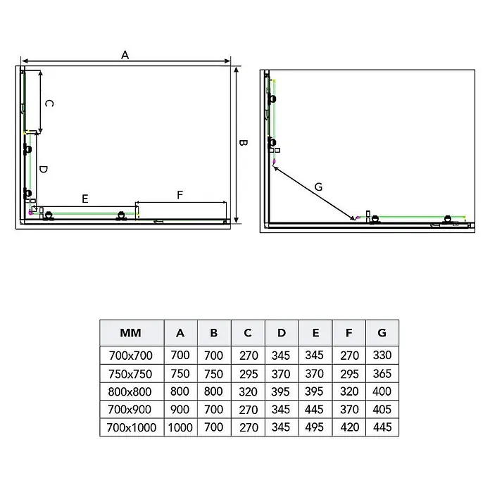 Kiamami Valentina Eckdusche - 70 x 90 x 185 cm, Transparent, Stärke: 4 mm - Technische Diagramme und Maßtabelle für eine Eckduschkabine, mit Maßen A-G für verschiedene Modelle.