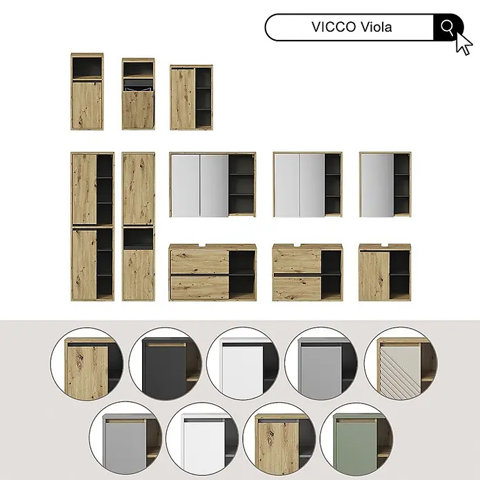 Vicco Badmöbel-Set - Artisan-Eiche, Matt - VICCO Viola modulares Badmöbelset in Holzoptik, Weiß, Schwarz, Grau und Grün, mit verschiedenen Schränken und Waschtischunterschränken.