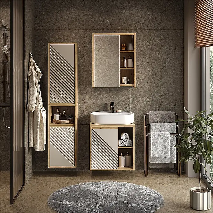 Vicco Badmöbel-Set - Artisan-Eiche, Matt - Modernes Badezimmermöbelset aus Holz mit cremefarbenen Rippenpaneelen, Waschtisch, Hochschrank und Spiegelschrank.