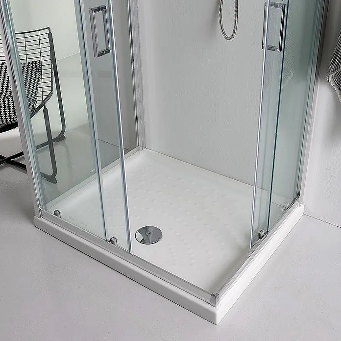 Kiamami Valentina Eckdusche - 800 x 800 x 1.850 cm, Farblos, Stärke: 6 mm - Eckduschkabine mit Klarglaspaneelen, silbernem Rahmen und weißer rutschfester Duschwanne.