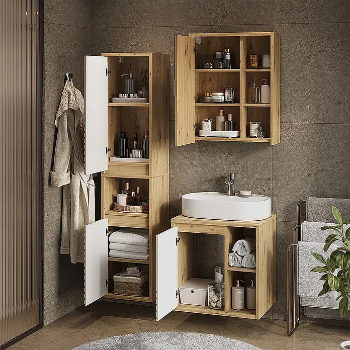 Vicco Badmöbel-Set - Artisan-Eiche, Matt - Badezimmerset aus hellem Holz mit weißen Türen: Hochschrank, Wandschrank und Waschtisch mit Waschbecken.